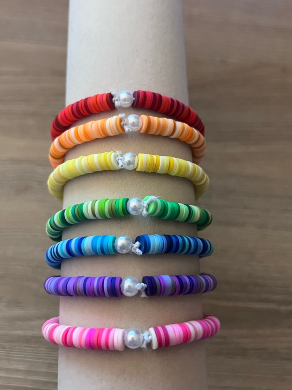 7 Piece Rainbow Bead Stretch Bracelet Set Colorful Stackable Elastic Bracelets - Picture 3 of 6